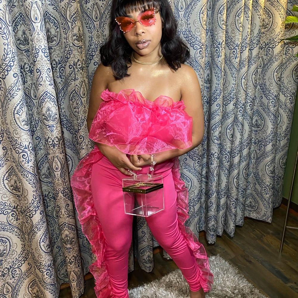 Elegant Pink Ruffled Two Piece Set